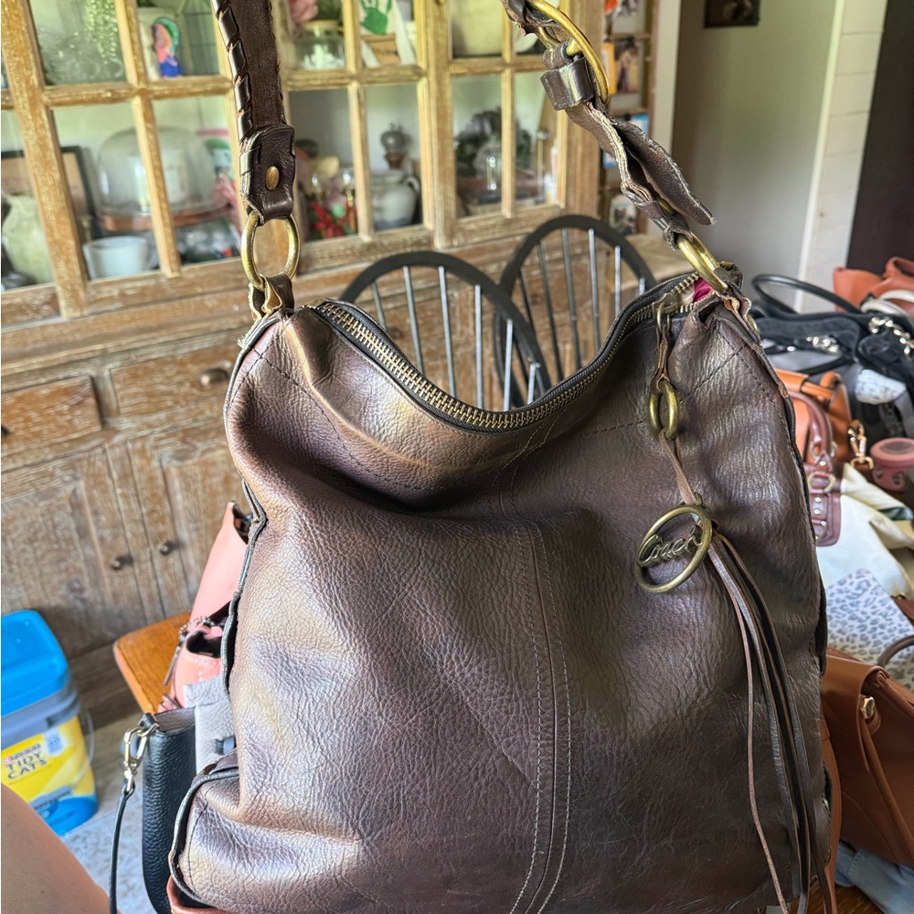 Coach Brown Leather Shoulder Hobo Bag with Brass Hardware